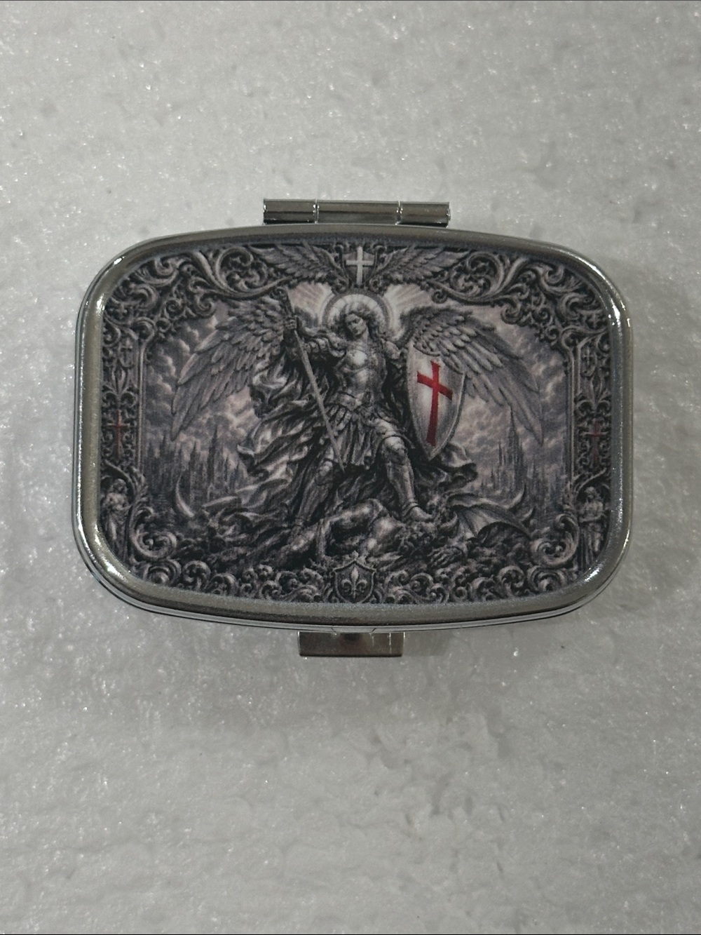 Silver Tone Saint Michael Pill Case with Red Cross Accent